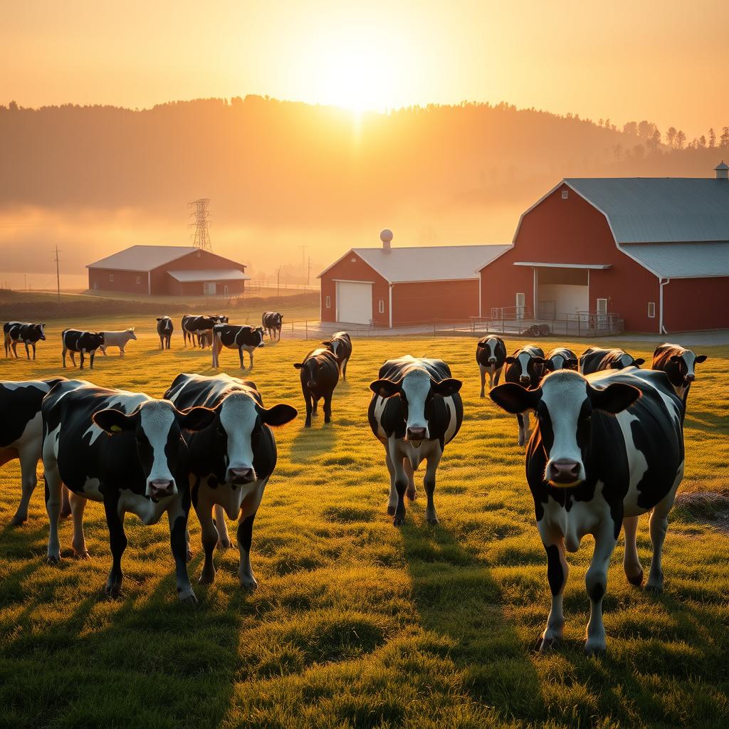 Dairy farm at dawn — milking herd in pasture with barn and parlor